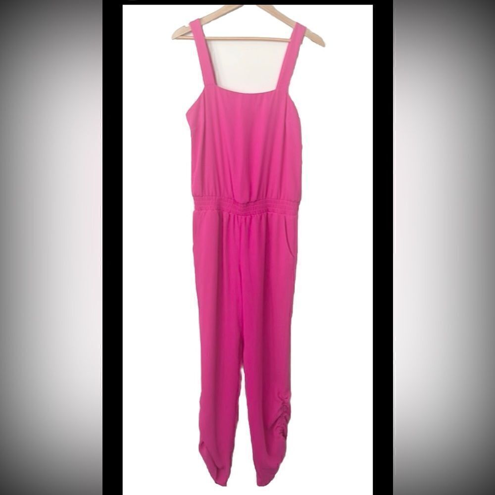 Amanda Uprichard Sateen Smocked Waist Square Neck Ruched Leg Jumpsuit Hot Pink M
